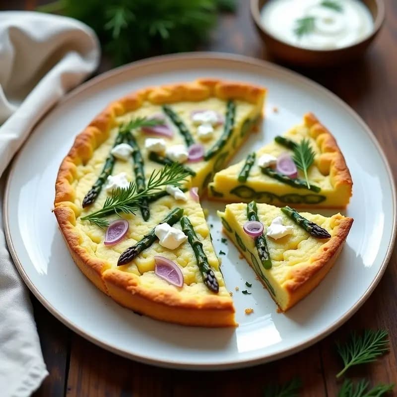 Tortilla dorada y esponjosa con trozos de espárragos trigueros, cebolla morada y queso feta, servida en un plato blanco con eneldo fresco. Receta de tortilla de espárragos con yogur griego alta en proteína.