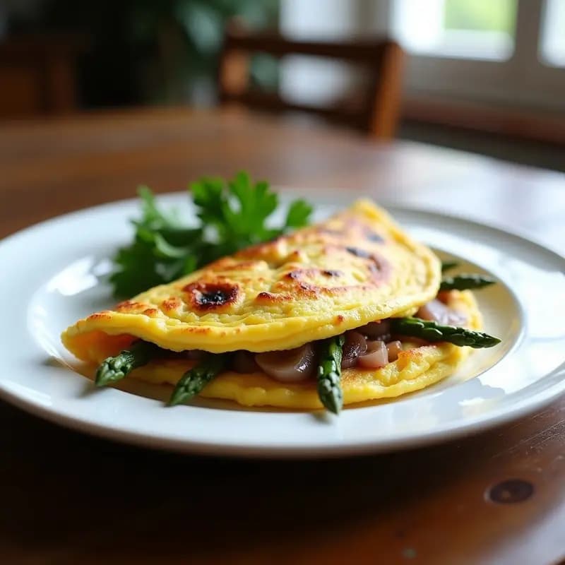 Tortilla dorada y esponjosa con trozos de espárragos tigre morados y cebolla, servida en plato blanco sobre fondo rústico, receta en Thermomix.