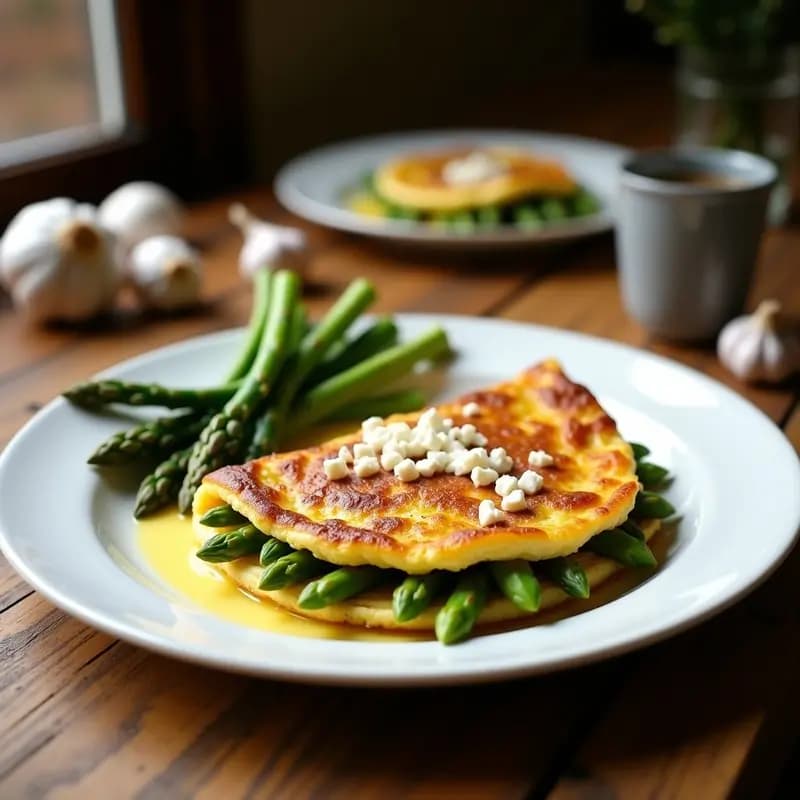 Tortilla dorada con espárragos trigueros salteados y trocitos de ajo negro, servida en plato blanco con queso de cabra desmenuzado. Receta express y alta en hierro.