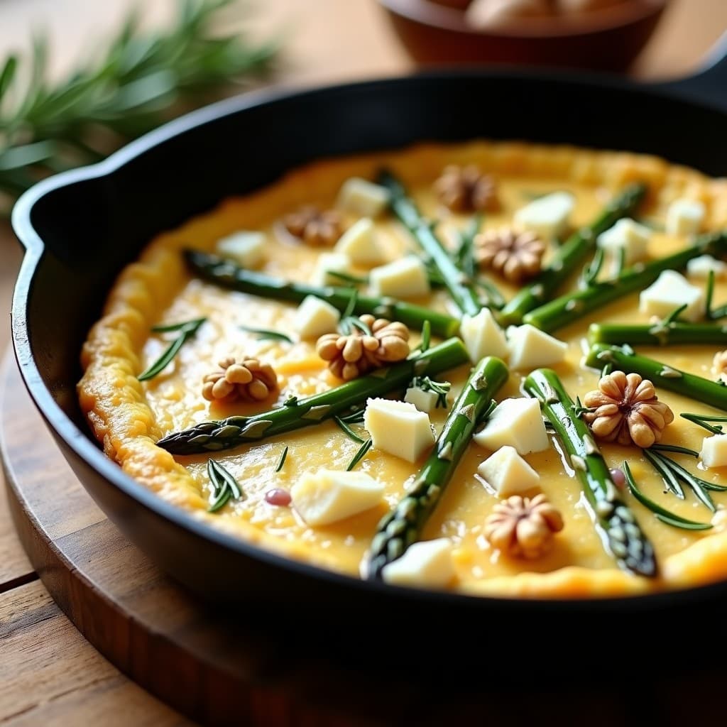 Tortilla italiana keto de espárragos trigueros y gorgonzola en sartén antiadherente, con trozos de nueces y romero fresco, dorada por fuera y jugosa por dentro.