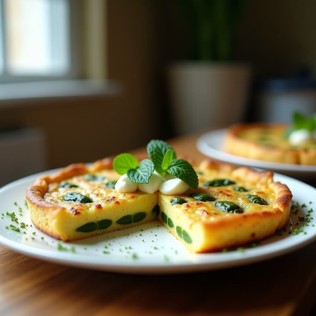Tortilla dorada y esponjosa con trozos de espárragos trigueros verdes y queso de cabra desmenuzado, servida en plato blanco sobre fondo rústico de madera.