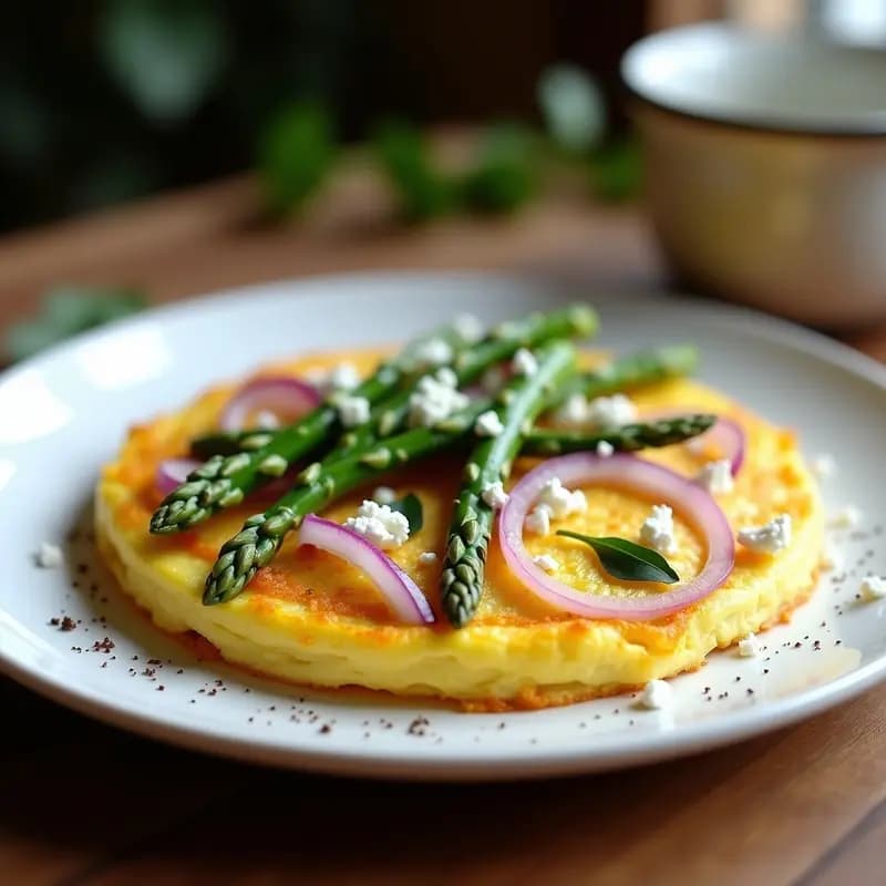 Tortilla dorada y esponjosa con espárragos trigueros verdes vibrante, cebolla morada y trozos de queso feta, servida en plato blanco sobre fondo rústico de madera.