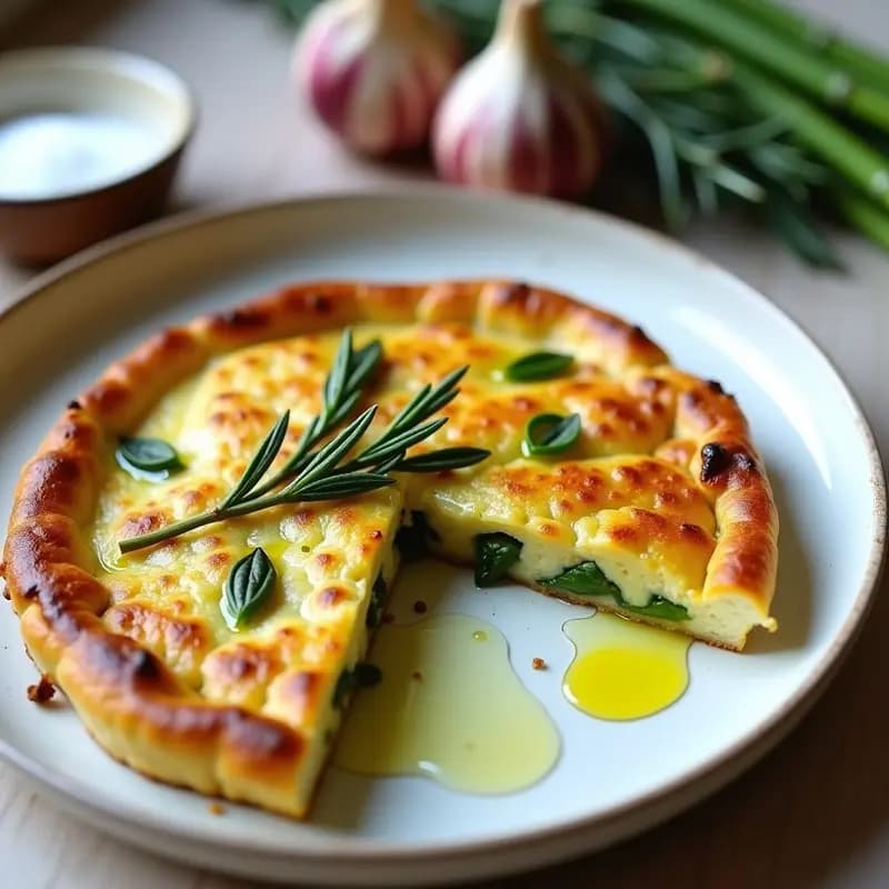 Tortilla dorada de espárragos trigueros con trozos verdes visibles, acompañada de rodajas de ajo negro y un hilo de aceite de oliva virgen extra, servida en plato blanco rústico.