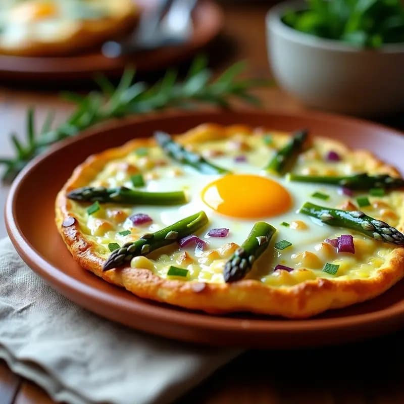 Tortilla esponjosa de color dorado con trozos de espárragos trigueros verdes y cebolla morada, servida en plato de barro rústico. Receta en olla superpuesta con yema cremosa.