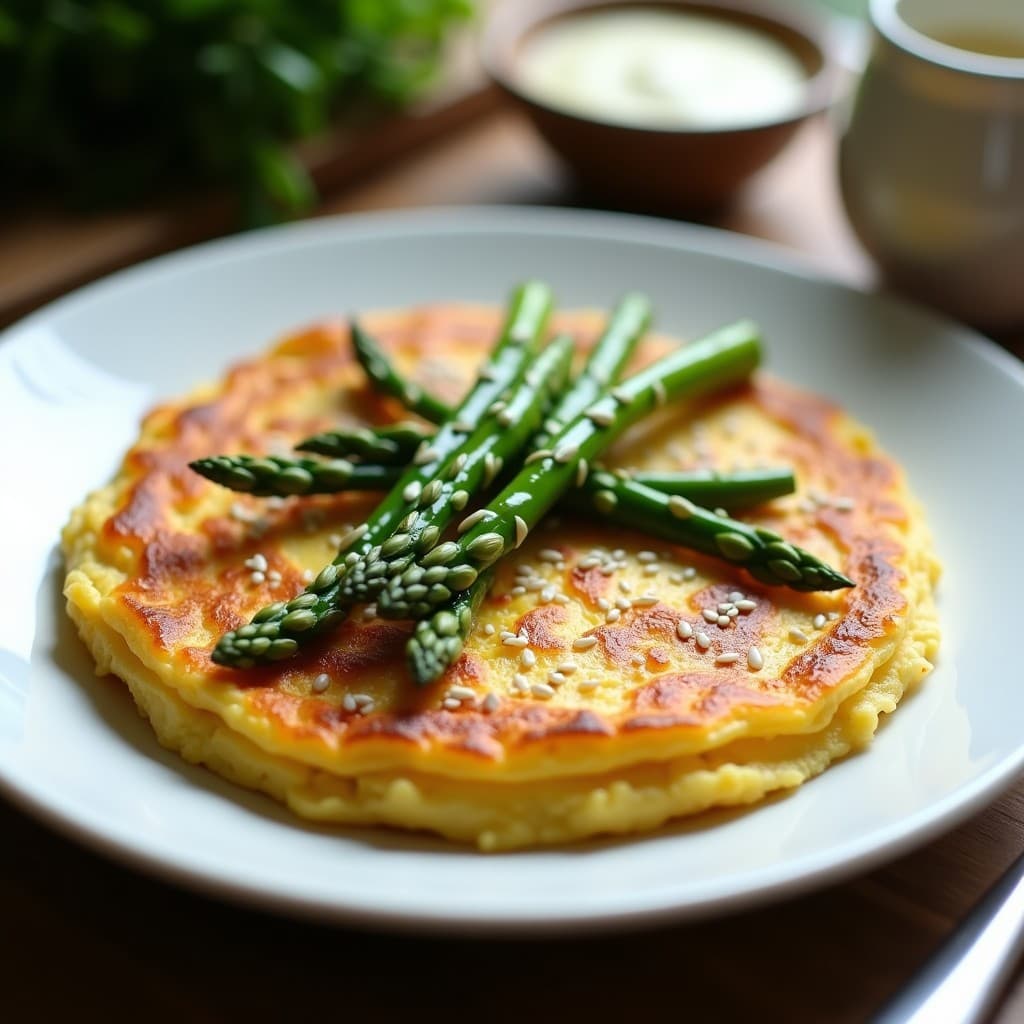 Tortilla dorada y esponjosa de espárragos trigueros y tofu vegana, servida en plato blanco con decoración de espárragos frescos y semillas de sésamo.