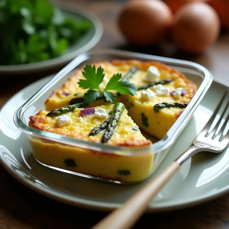 Tortilla dorada de espárragos trigueros con trozos de queso feta y perejil fresco, servida en un tupper transparente sobre fondo de madera rústica.