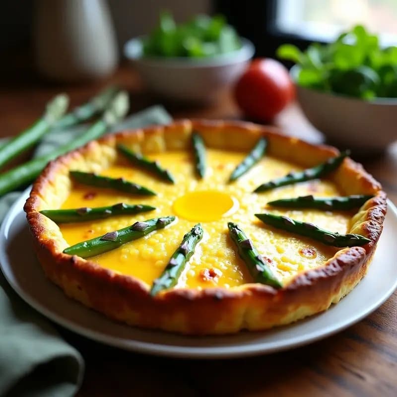 Tortilla vegana dorada y esponjosa en molde redondo, con puntas de espárragos trigueros verdes asomando en la superficie, acompañada de hojas de ensalada fresca. Receta de tortilla de espárragos trigueros vegana en Thermomix.