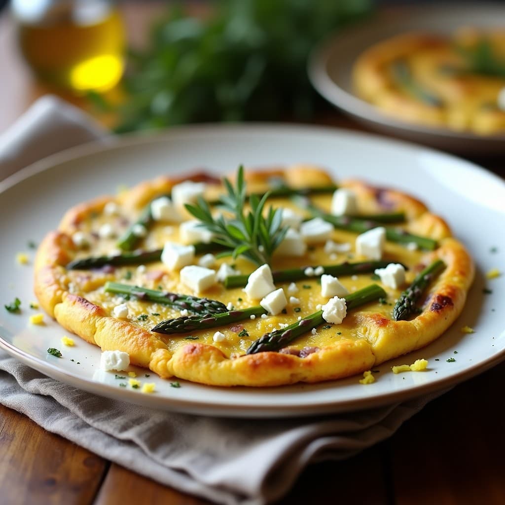 Tortilla dorada de espárragos trinity (blancos, verdes y morados) con queso feta desmenuzado y semillas de sésamo, servida en sartén de hierro con fondo borroso de cocina griega. Receta keto de desayuno con toque griego.