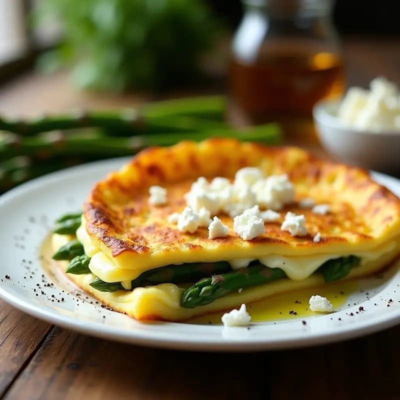 Tortilla dorada y esponjosa de espárragos verdes con huevos batidos y queso feta desmenuzado, servida en plato blanco sobre fondo rústico de madera.