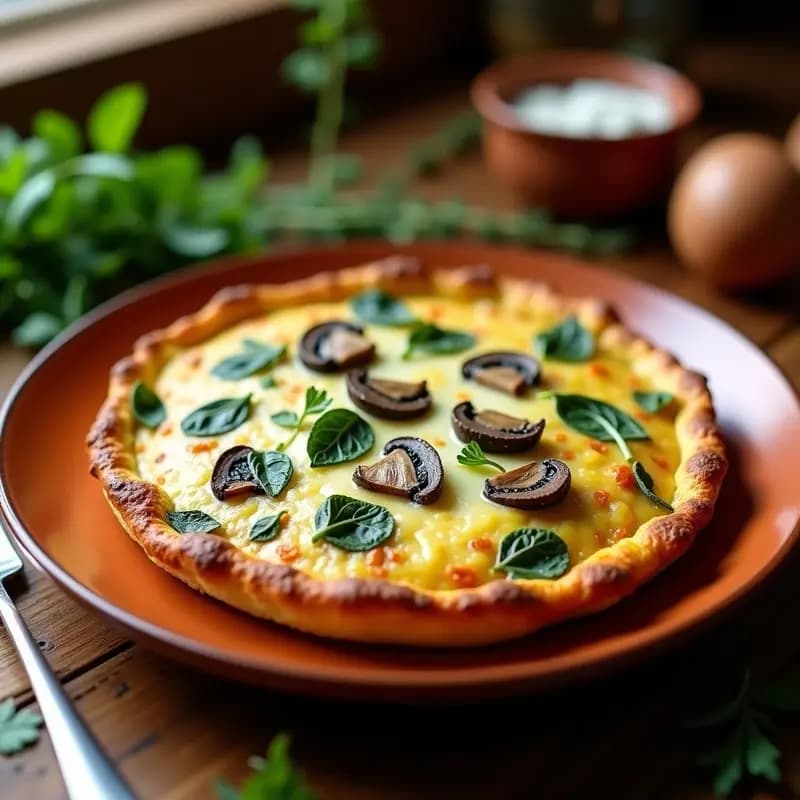 Tortilla española dorada con trozos visibles de champiñones portobello, espinacas baby y queso de cabra desmenuzado, servida en plato de barro con fondo rústico. Receta de tortilla de espinacas y champiñones con queso de cabra.