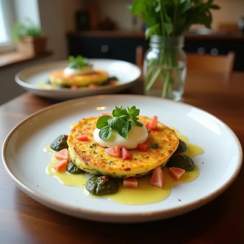 Tortilla dorada y esponjosa de espinacas y champiñones sin lactosa, servida en plato blanco con decoración de semillas de sésamo y virutas de almendra.