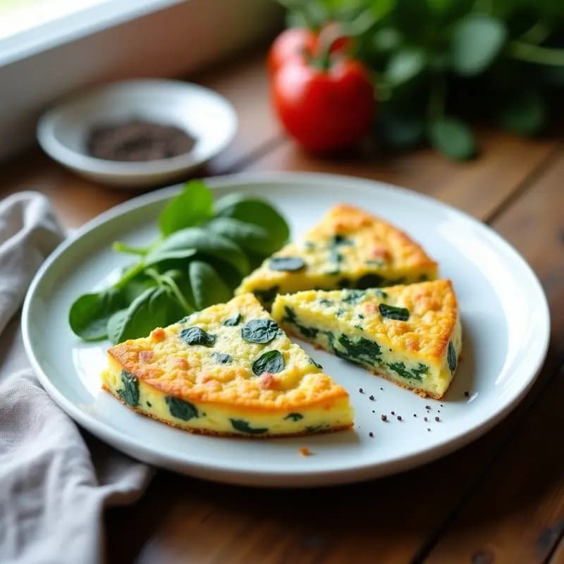 Tortilla esponjosa dorada de espinacas y coliflor keto, cortada en triángulos, servida sobre un plato blanco con un toque de pimienta negra y espinacas frescas como decoración.