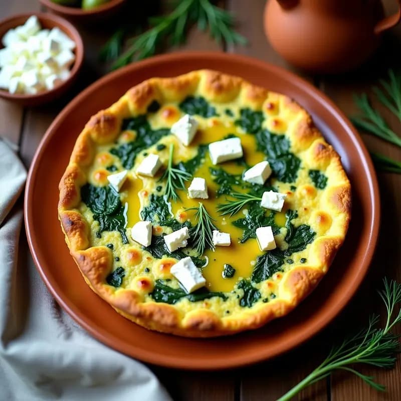 Tortilla dorada con base de coliflor, espinacas verdes y trozos de queso feta blanco en un plato rústico de barro, acompañada de hierbas frescas y un chorrito de aceite de oliva. Desayuno griego keto saludable.