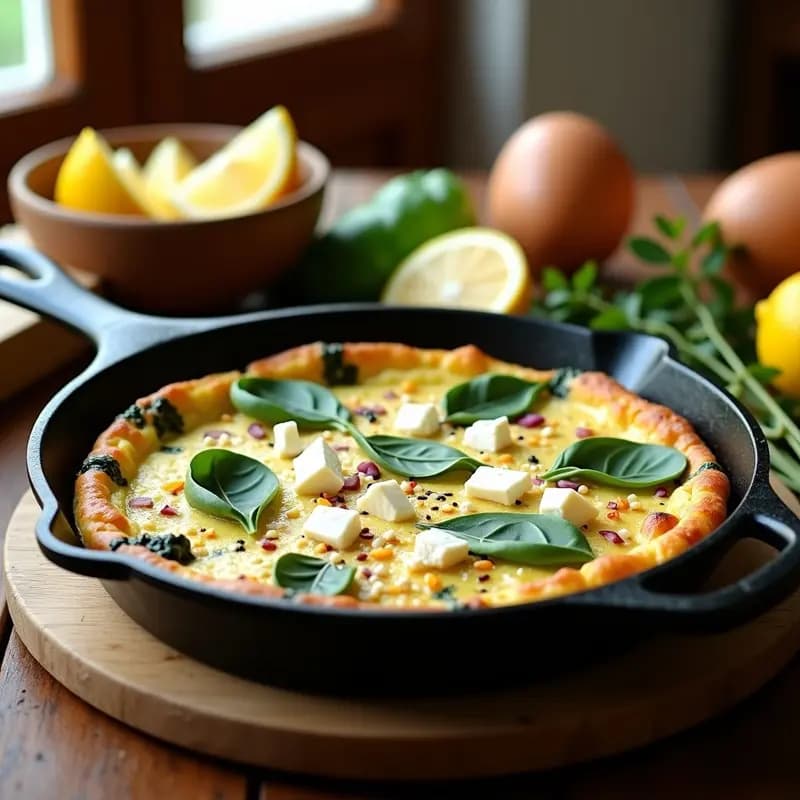 Tortilla de espinacas y feta dorada en sartén de hierro, con queso feta desmenuzado y semillas de sésamo, acompañada de rodajas de limón y hierbas frescas, desayuno griego alto en proteína.