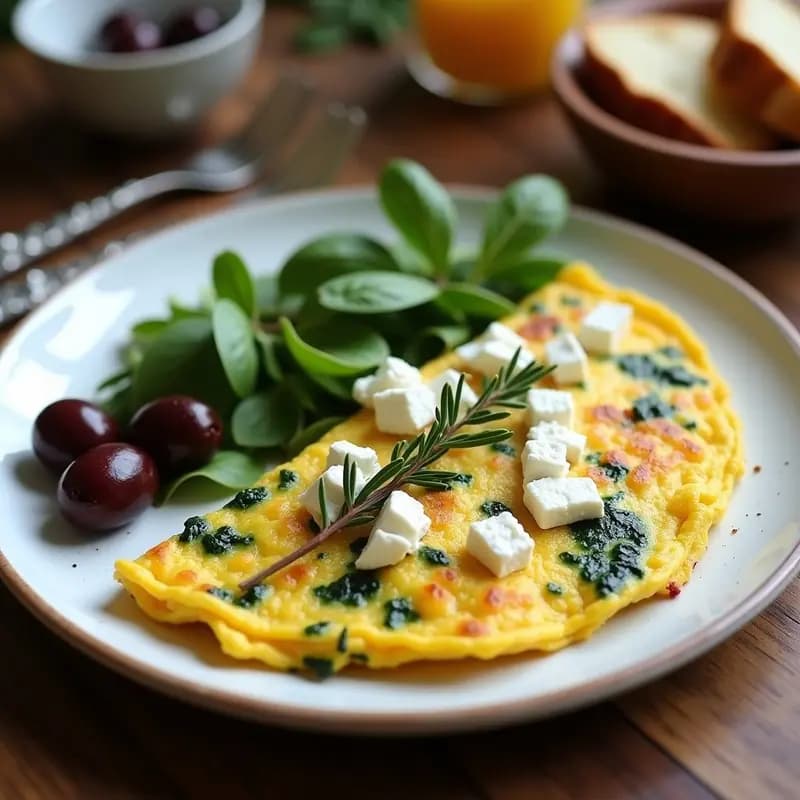Tortilla dorada y esponjosa de espinacas y queso feta con trocitos de huesos de aceituna, servida en plato blanco rústico con tomillo fresco y aceitunas kalamata al lado. Desayuno griego proteico.