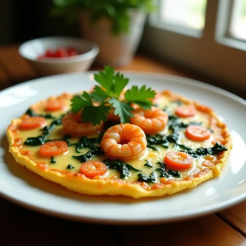 Tortilla dorada y esponjosa con trozos de gambas rosadas y espinacas verdes salteadas, servida en plato blanco con perejil fresco. Receta de tortilla de espinacas y gambas sin lactosa.