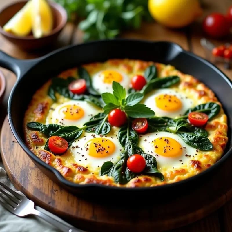 Tortilla de espinacas y queso halloumi dorada en sartén antiadherente, con láminas crujientes de halloumi, espinacas verdes y semillas de sésamo. Desayuno griego sin aceite, servida con tomates cherry al lado.