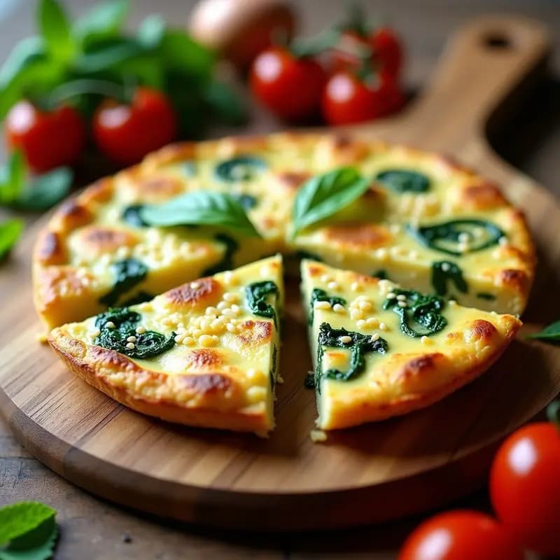 Tortilla dorada y esponjosa con trozos de queso halloumi crujiente y espinacas, espolvoreada con almendras tostadas y semillas de sésamo negro, servida en plato blanco rústico con fondo de madera oscura.