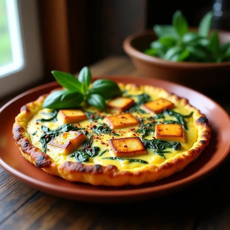 Tortilla española dorada con trozos de queso halloumi ligeramente tostados, espinacas verdes salteadas y un espolvoreado de pimentón de la Vera rojizo, servida en plato de barro rústico sobre fondo de madera oscura.
