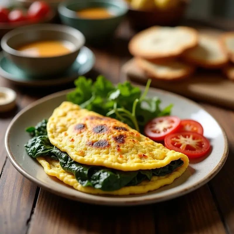 Tortilla dorada de espinacas y queso halloumi en cubos crujientes, servida sobre pan de pita sin gluten ligeramente tostado. Acompañada de semillas de sésamo y un hilo de aceite de oliva, desayuno mediterráneo sin gluten alto en proteínas.