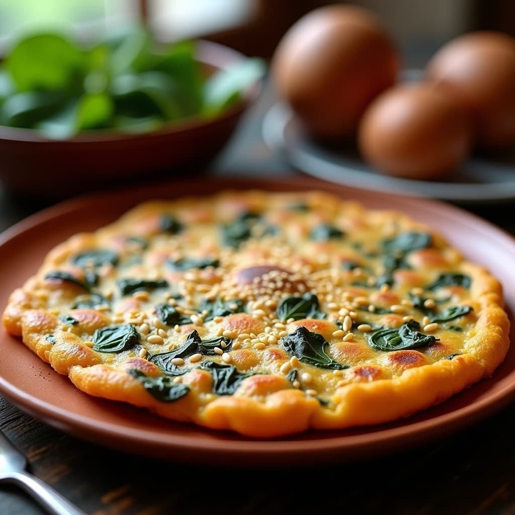 Tortilla dorada y esponjosa de espinacas y harina de garbanzo con pimentón de la Vera, espolvoreada con semillas de sésamo, servida en plato de barro rústico sobre fondo de madera oscura.