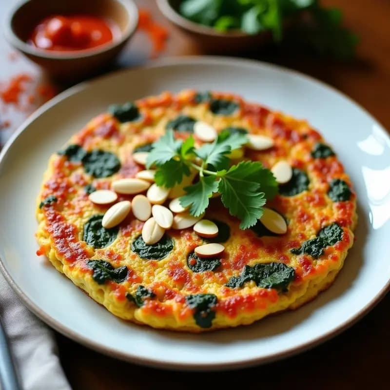 Tortilla dorada y esponjosa de espinacas y harissa servida en plato blanco, decorada con almendras fileteadas y cilantro fresco, con fondo de especias tunecinas.