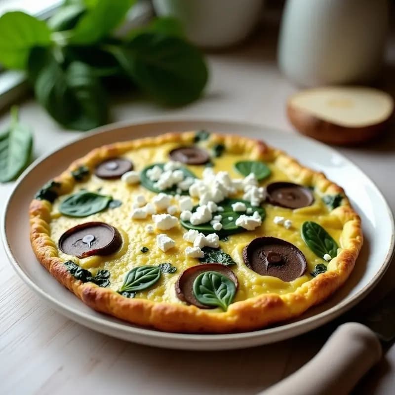 Tortilla esponjosa de espinacas y hongos portobello cocinada en olla lenta, con trozos de queso feta desmenuzado, servida en un plato blanco rústico con un fondo de madera clara.