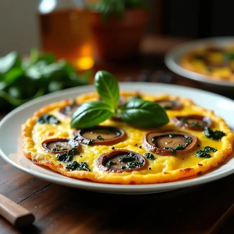 Tortilla dorada de espinacas y hongos portobello en sartén antiadherente, con trozos visibles de verduras y un toque crujiente por fuera, servida en plato blanco rústico.