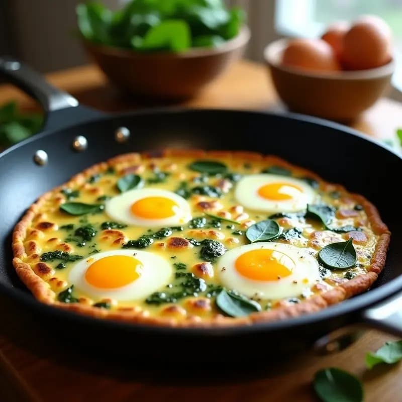 Tortilla dorada y esponjosa de espinacas y huevos de codorniz en sartén antiadherente, con trozos de queso de cabra vegano derretido, receta keto rápida.