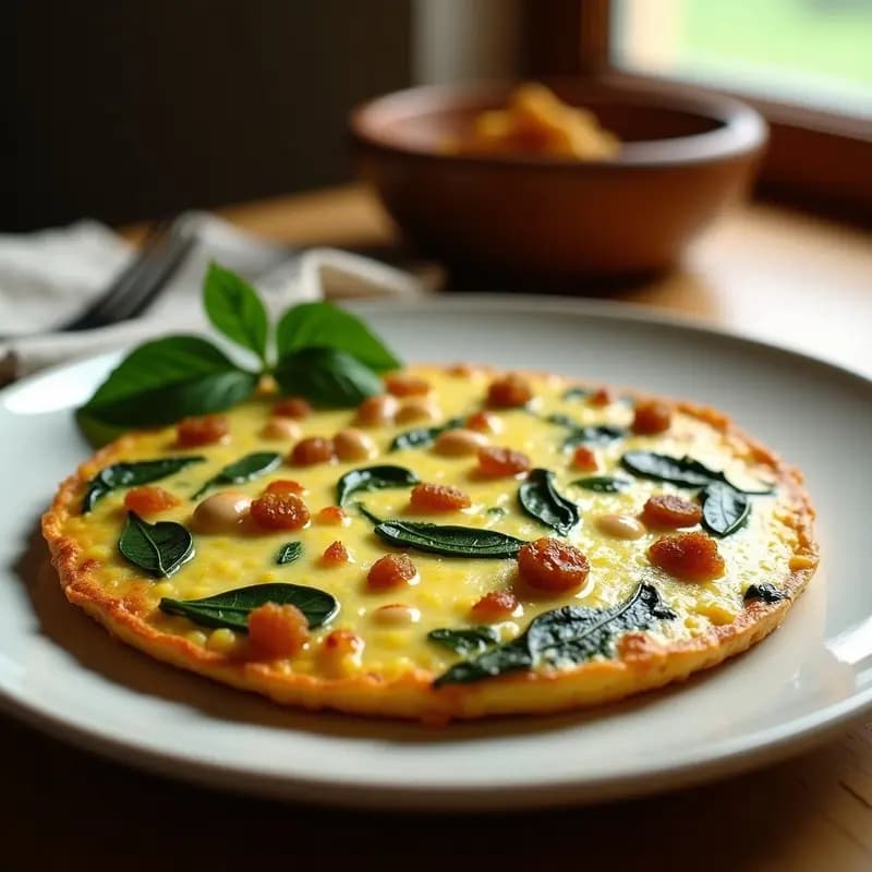 Tortilla dorada y esponjosa con trozos de espinacas verdes, pasas doradas y piñones tostados en la superficie, servida en un plato blanco rústico sobre una mesa de madera. Receta andaluza dulce-salada sin lactosa.