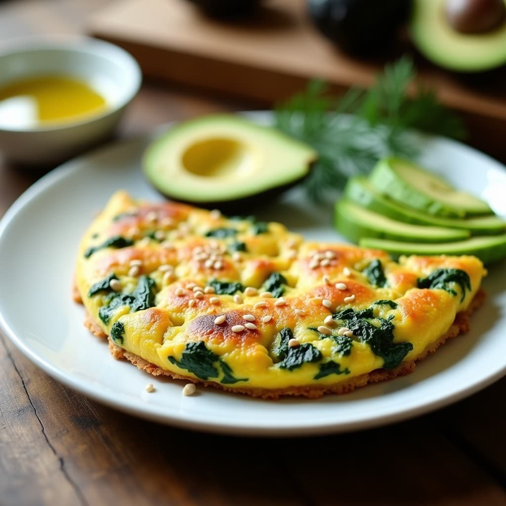 Tortilla dorada y esponjosa de espinacas y queso de anacardos con toque de nuez moscada, servida en plato blanco con semillas de sésamo y rodajas de aguacate. Desayuno keto saludable y sin gluten.