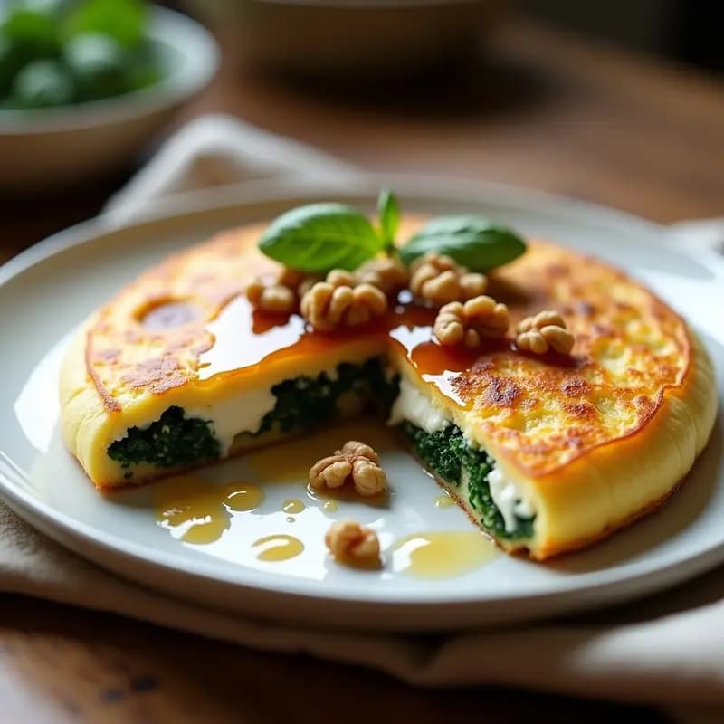 Tortilla esponjosa dorada con espinacas y trozos de queso de cabra blanco, decorada con mermelada de higos brillante y nueces picadas, servida en plato blanco sobre mantel rústico. Receta de desayuno francés dulce-salado.