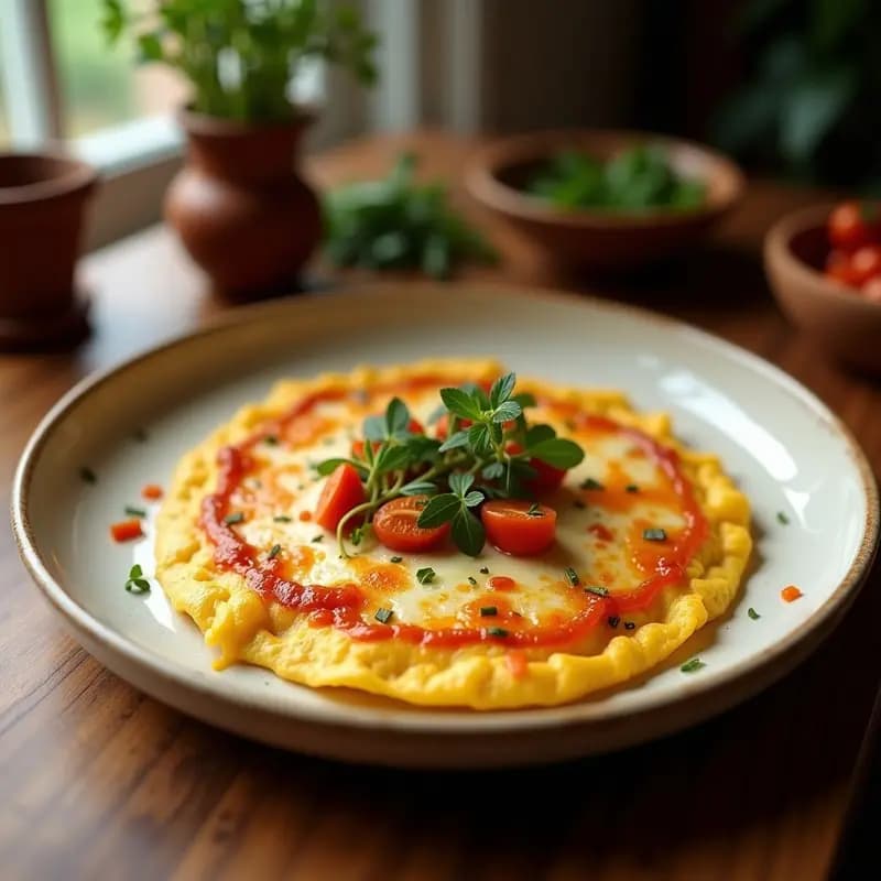 Tortilla esponjosa de espinacas y queso de cabra servida en plato blanco con mermelada de higos y nueces picadas, receta dulce-salada.