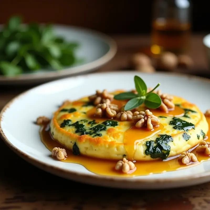 Tortilla dorada y esponjosa de espinacas y queso de cabra, coronada con hilos de miel de trufa negra y nueces picadas, servida en plato blanco rústico.