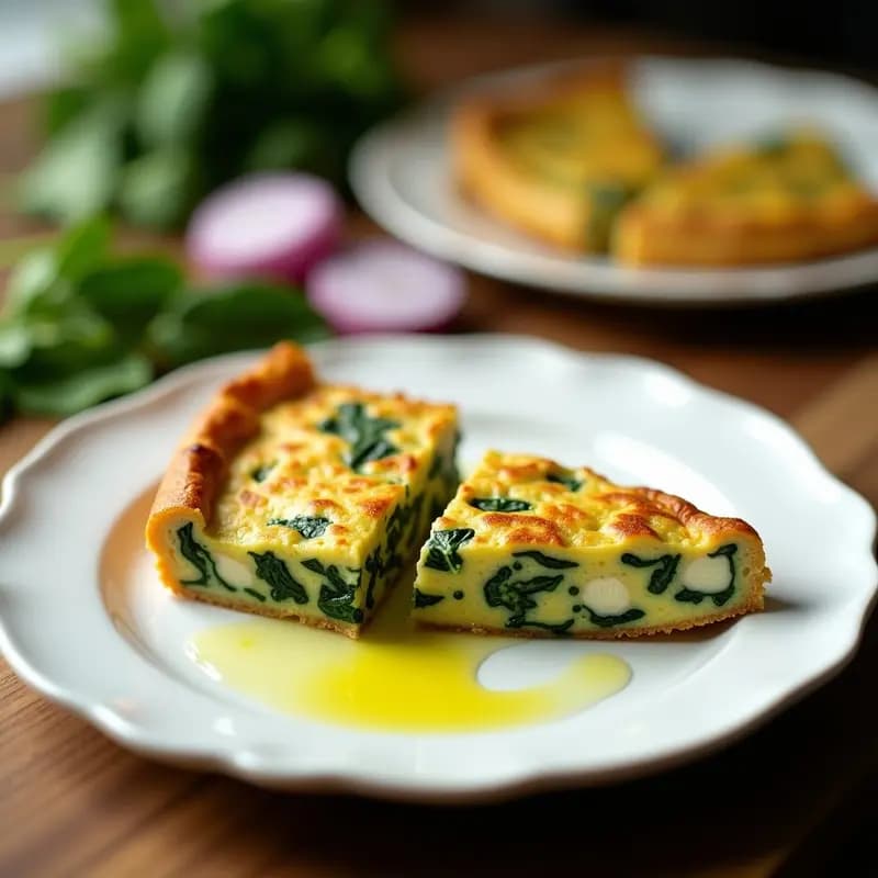 Tortilla dorada y esponjosa de espinacas y queso de cabra cortada en porciones triangulares, servida en un plato blanco con fondos de espinacas frescas y rodajas de cebolla morada. Receta resistente para tupper.