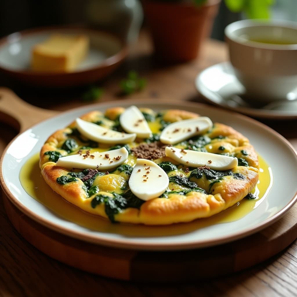 Tortilla española dorada con espinacas verdes, láminas de queso de oveja blanco y virutas de trufa negra sobre fondo rústico de madera. Desayuno keto sin gluten con textura esponjosa y brillo de aceite de oliva.