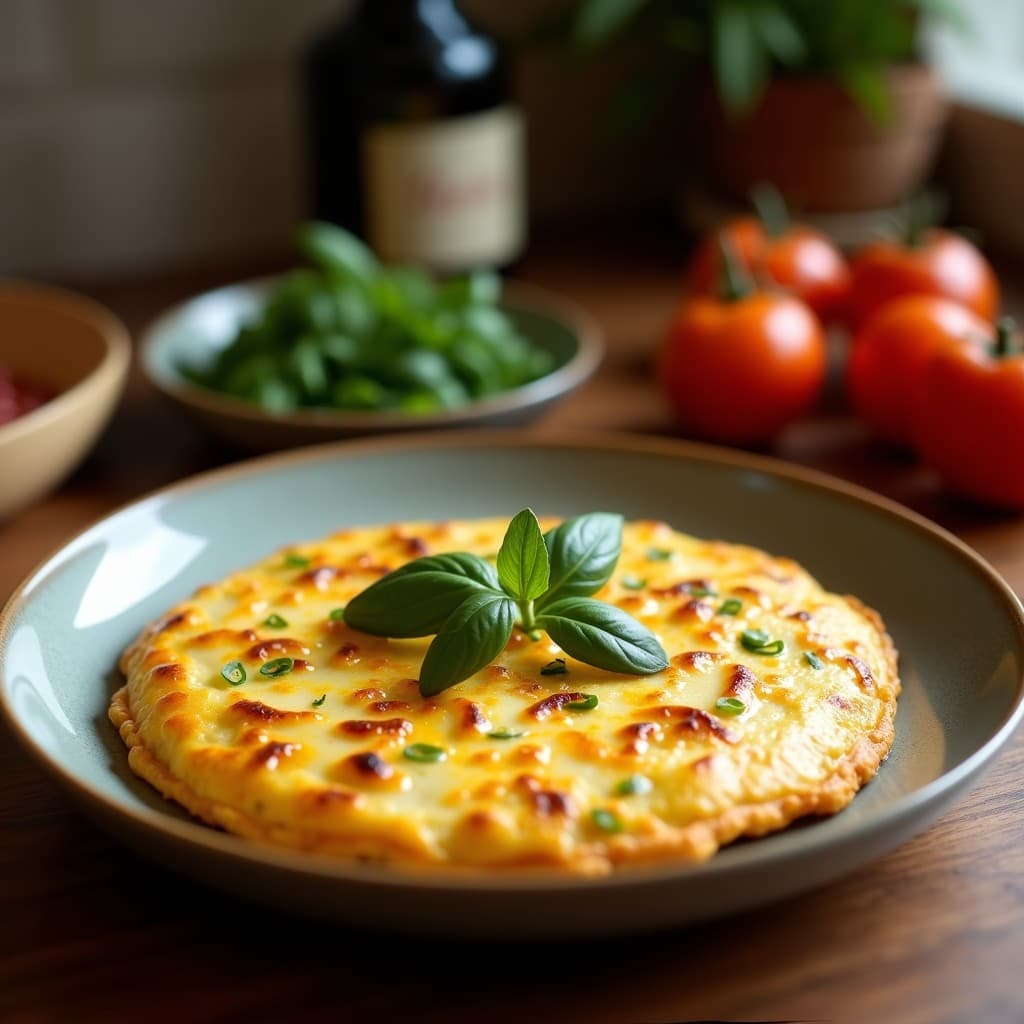 Tortilla esponjosa dorada con espinacas y queso de oveja desmenuzado, servida en plato blanco con vinagreta de granada de color rojo intenso y semillas brillantes. Desayuno mediterráneo sin harina, alto en proteína y hierro.