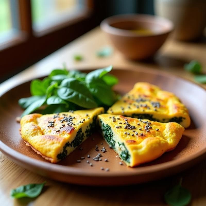 Tortilla dorada y esponjosa de espinacas y tofu ahumado keto sin lactosa, cortada en porciones sobre un plato de madera rústico, con espinacas frescas y semillas de chía al lado. Receta rápida para desayuno saludable.