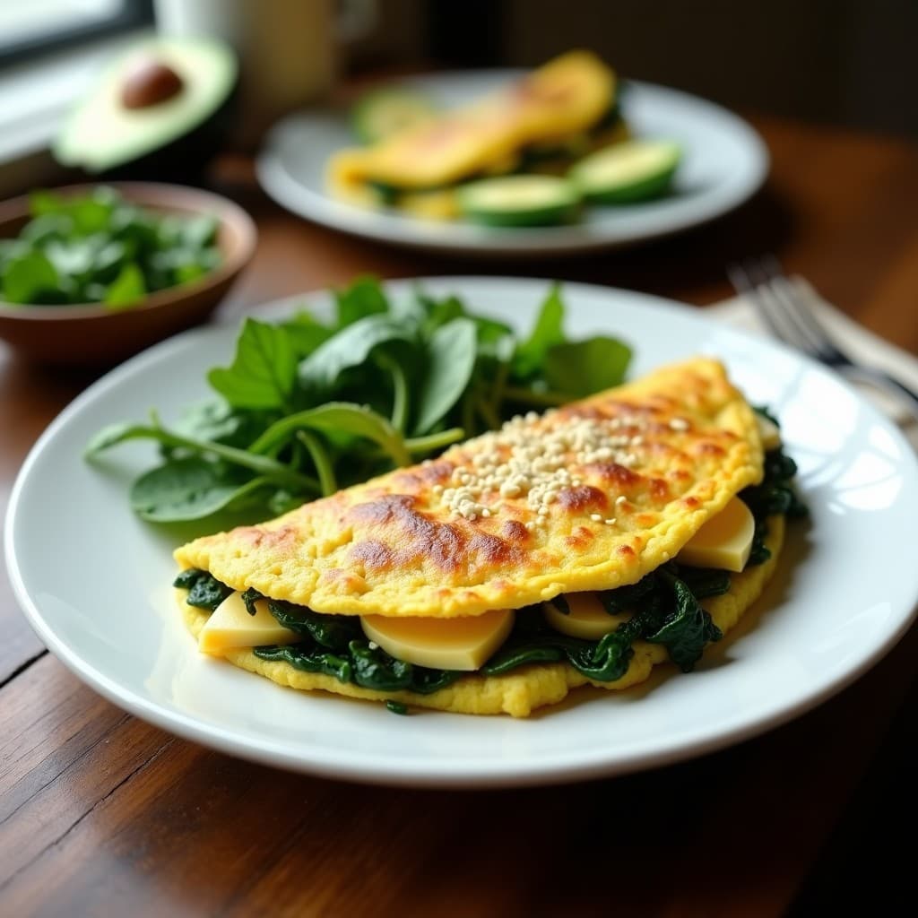 Tortilla esponjosa de espinacas y tofu ahumado servida en plato blanco, con trozos dorados de tofu y espinacas verdes visibles, acompañada de rodajas de aguacate.