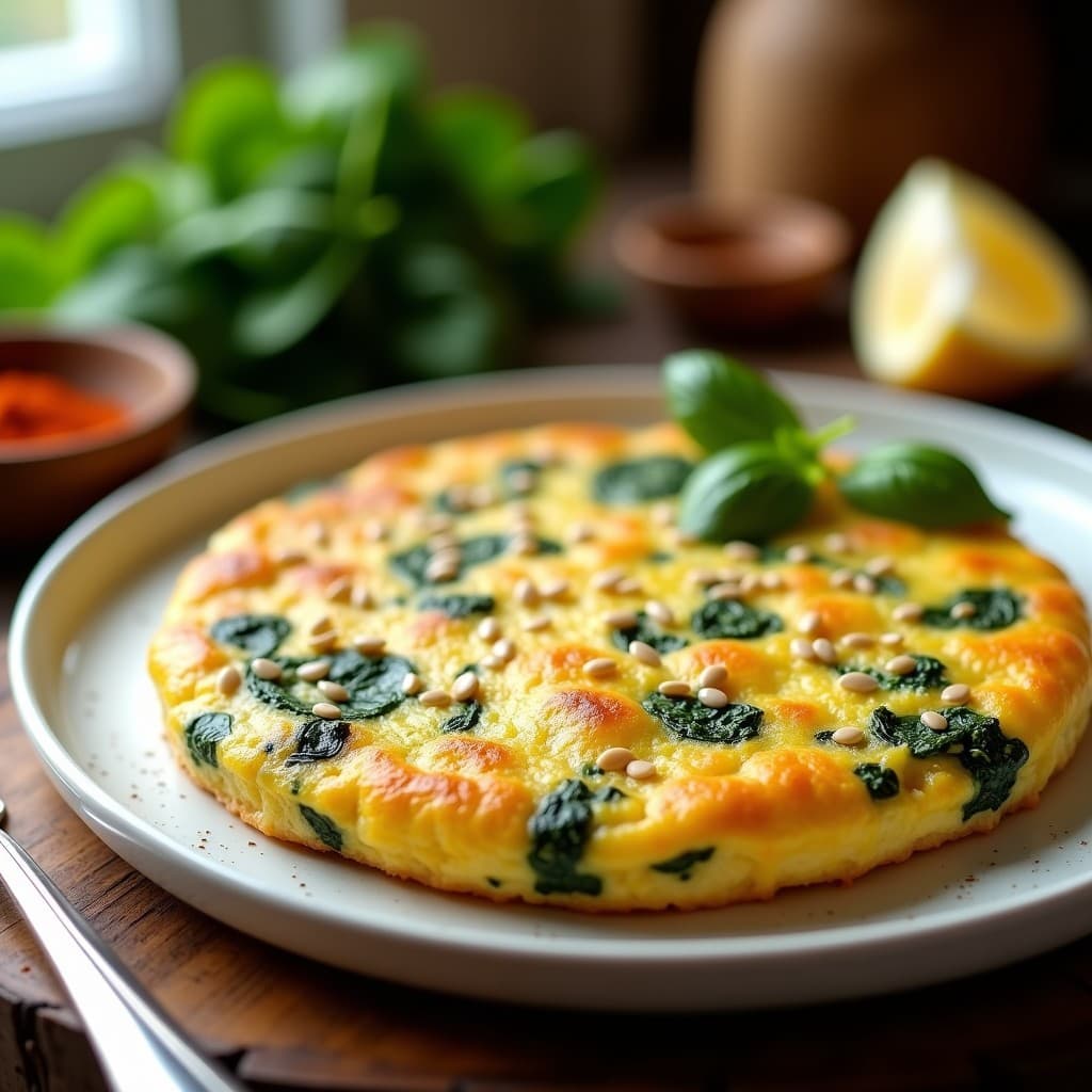 Tortilla dorada y esponjosa de espinacas y tofu sedoso con pimentón de la Vera, servida en plato blanco con semillas de sésamo negro y un hilo de aceite de oliva, desayuno vegano y alto en proteína.