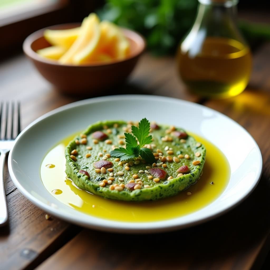 Tortilla de espirulina y calabacín con aceite de oliva, desayuno superfood keto, servida en plato blanco con semillas de sésamo y perejil fresco.