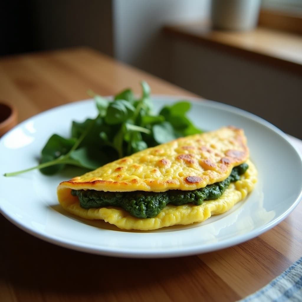 Tortilla esponjosa de color verde intenso por la espirulina, con trozos de calabacín y cebolla morada, servida en un plato blanco con semillas de chía por encima. Desayuno keto rico en vitamina D.