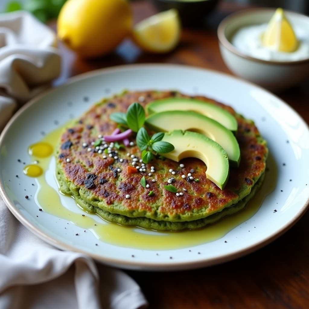 Tortilla de espirulina y cebolla morada en airfryer, desayuno superfood sin gluten, con color verde intenso y trozos de cebolla caramelizada, servida en plato blanco con aguacate y semillas de chía espolvoreadas.