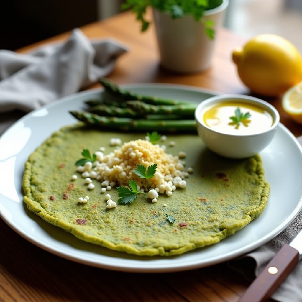 Tortilla vegana de color verde intenso por la espirulina, rellena de espárragos trigueros salteados, servida en un plato blanco con salsa de tahini y limón al lado, espolvoreada con perejil fresco. Desayuno alto en nutrientes y protéico.