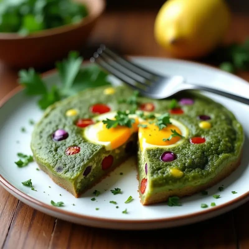 Tortilla verde azulada de espirulina y huevos con trozos de cebolla morada y pimiento rojo, crujiente por fuera y esponjosa por dentro, servida en plato blanco rústico.