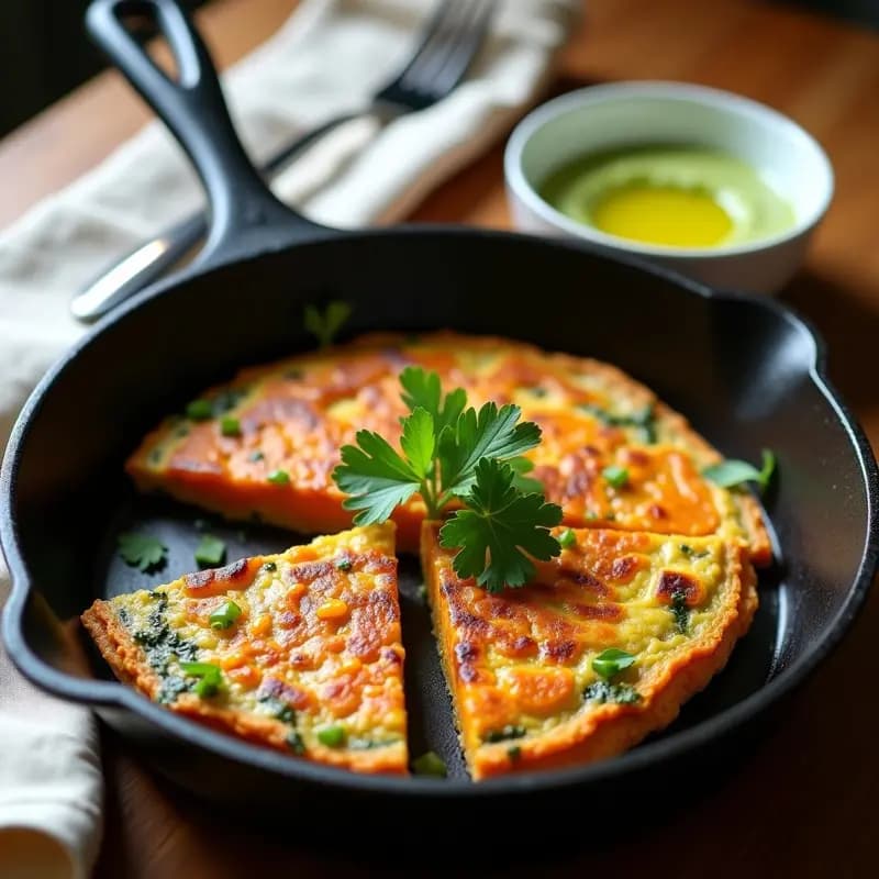 Tortilla vegana de espirulina y patata dulce dorada en sartén, cortada en porciones y servida con salsa de aguacate cremosa y perejil fresco. Desayuno energético y colorido.