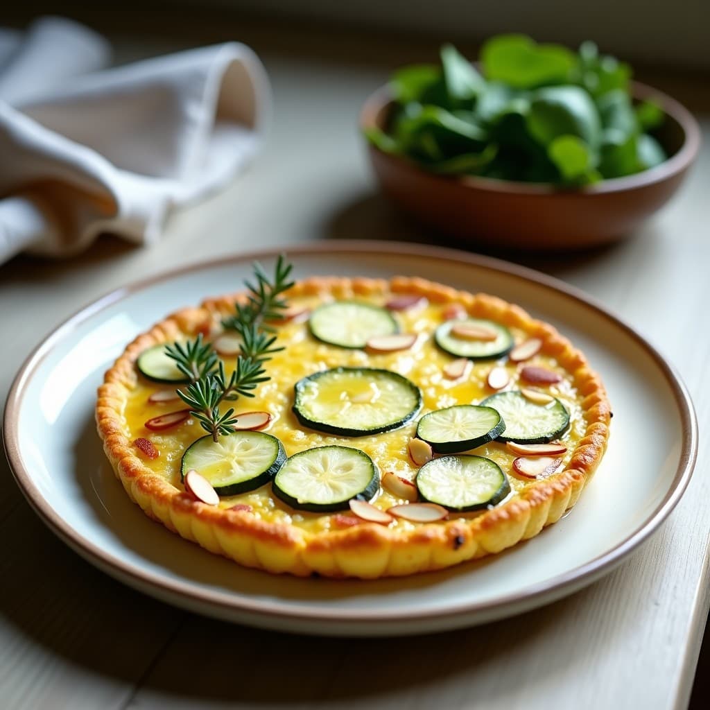 Tortilla dorada y esponjosa de flor de calabacín y queso de cabra en sartén antiadherente, con flores visibles en la superficie y almendras fileteadas. Plato gourmet francés servido con tomillo fresco.