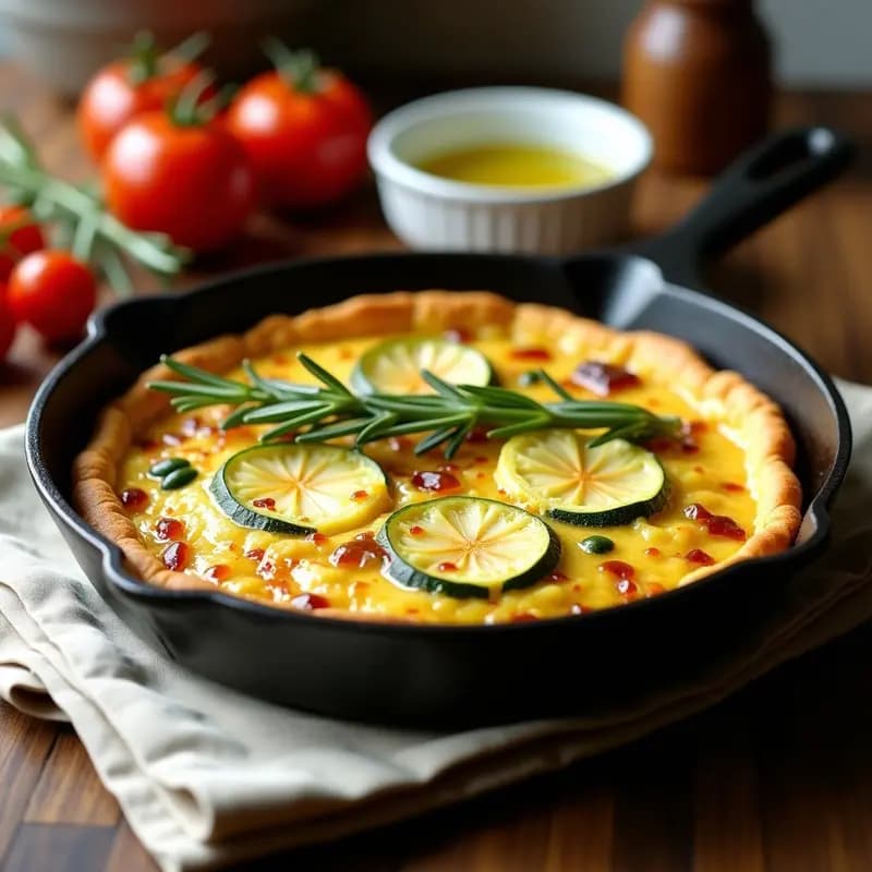 Tortilla dorada en sartén de hierro con flores de calabacín visibles, queso de oveja fundido y hojas de romero fresco, receta toscana italiana de flor de calabacín y queso de oveja.