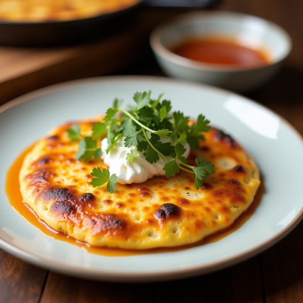 Tortilla dorada y esponjosa rellena de flor de calabaza salteada, cebolla morada, tomate y queso Oaxaca fundido, decorada con cilantro fresco. Plato típico mexicano servido en sartén de acero.