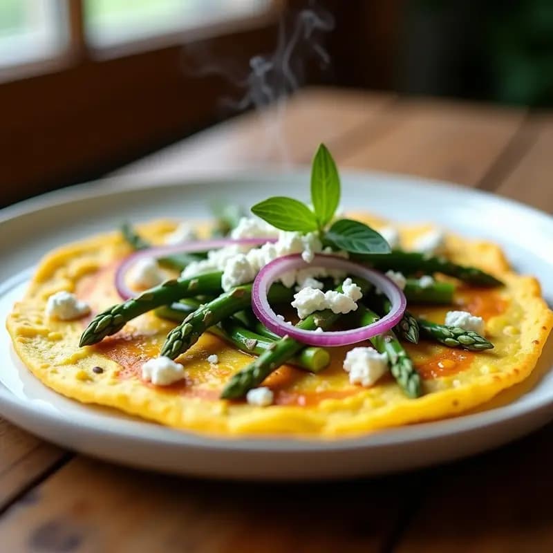 Tortilla francesa dorada y esponjosa con trozos de espárragos trigueros verdes y cebolla morada, salpicada de queso feta desmenuzado, servida en plato blanco sobre fondo rústico de madera.
